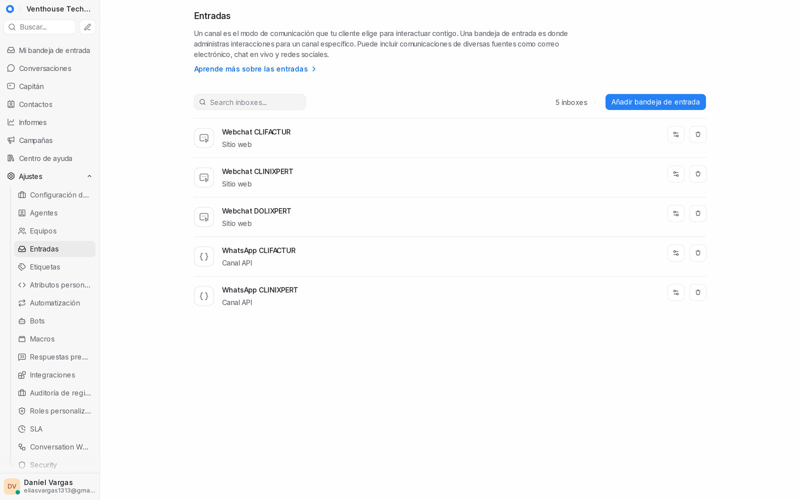 Los canales conectados: WhatsApp y chat web de cada sitio